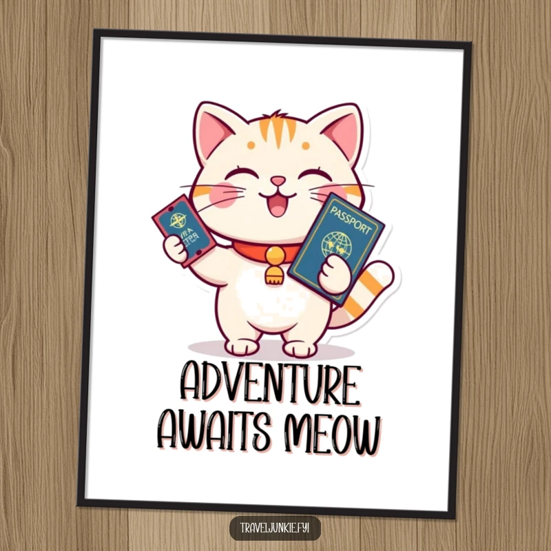 Funny cat holding a passport and ticket, ready for boarding, vibrant wall art, perfect humorous gift.