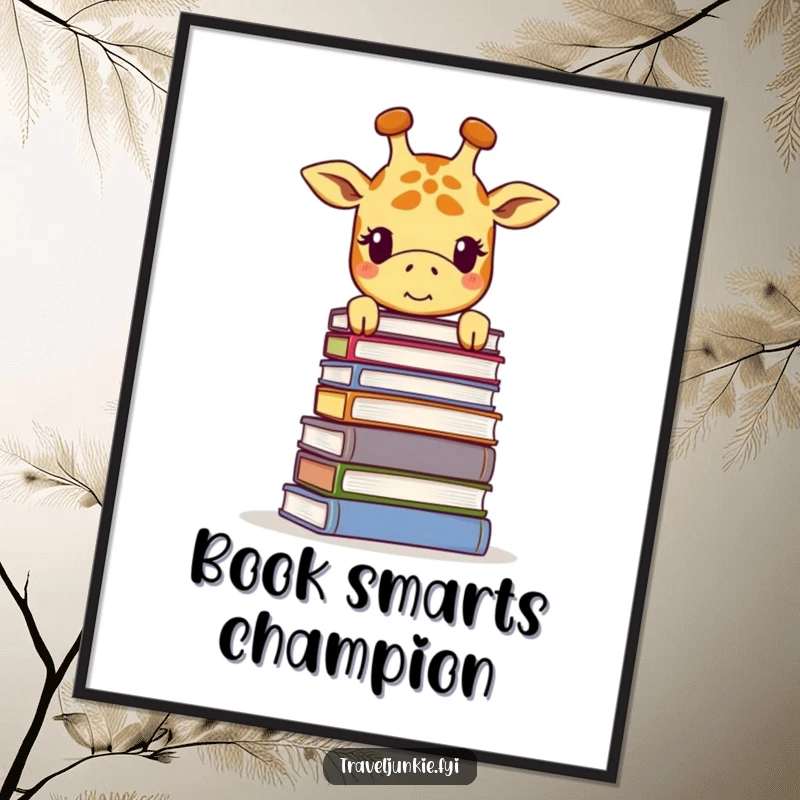 Funny giraffe poster, showing a smiling giraffe peering over a massive stack of books, celebrating the joy of reading.