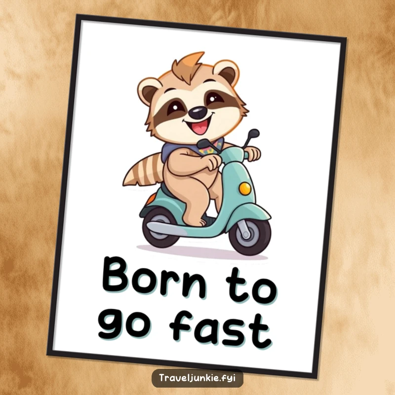 Funny sloth character on a scooter, captured in a dynamic pose, perfect for wall art and adding humor.