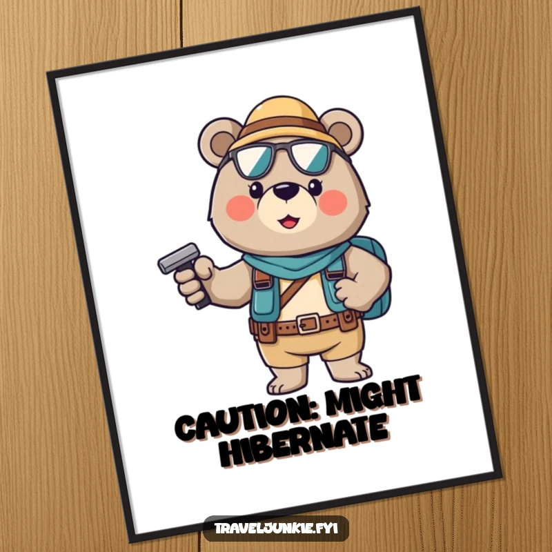 Funny Poster: A brave bear tourist striking a confident pose, ready for a hilarious escapade.