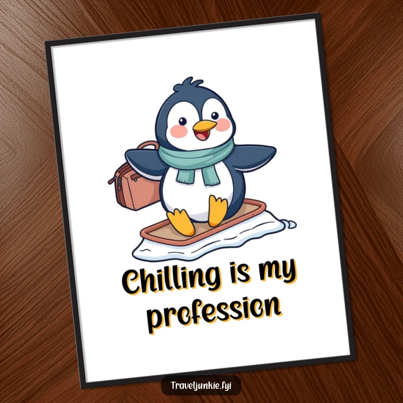 Funny penguin character joyfully sliding on ice with a travel bag, creating a humorous and vibrant arctic scene for wall decor.