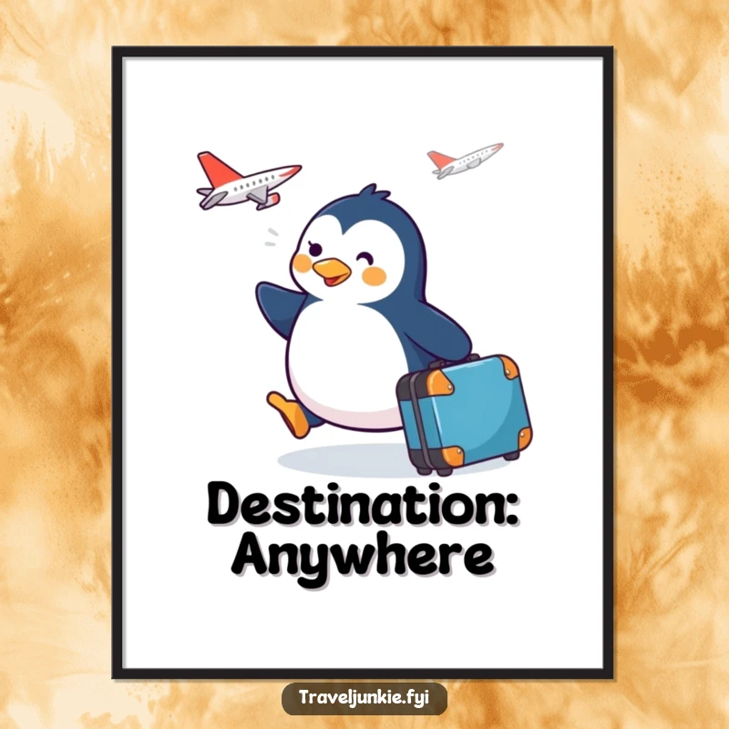 Funny happy penguin waddling with a suitcase towards a plane, presented as a vibrant travel art poster.