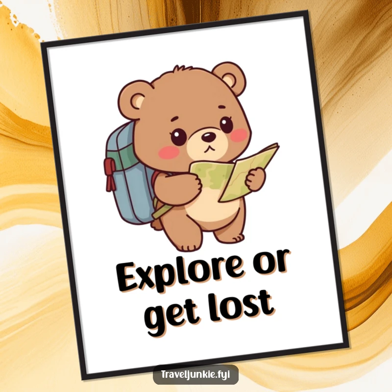 Funny bear poster showing a determined character with a backpack, intently looking at a map, embodying quest and humorous direction.