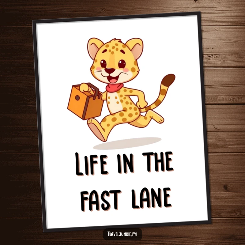 Funny cheetah poster, happy character sprinting with a travel bag, perfect humorous wall art and a funny gift.