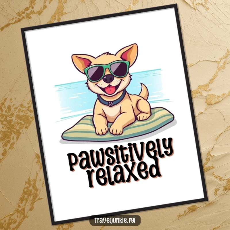 Funny poster of a smiling dog with sunglasses on a beach, capturing a relaxed and cool vibe for humorous wall art.