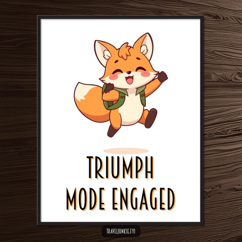 Funny Fox Jump Poster: Energetic wall art of a playful fox with a backpack leaping triumphantly, embodying adventure and fun.