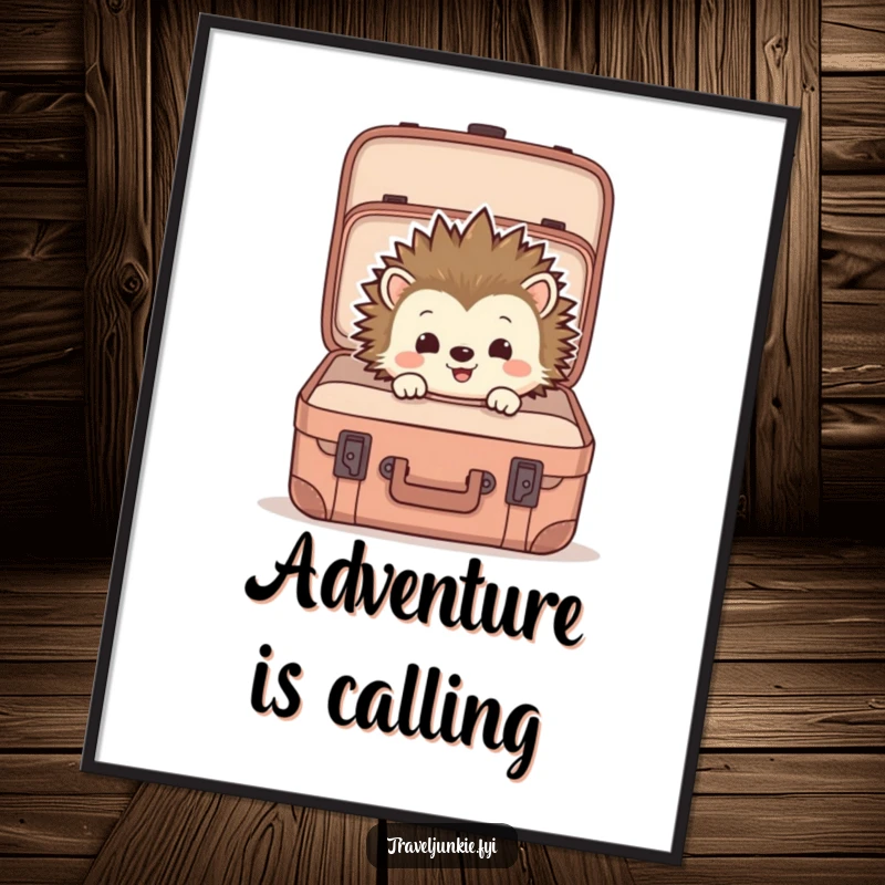 Funny poster featuring a hedgehog peering into a large suitcase, perfect for adding quirky, travel-inspired humor to wall decor.