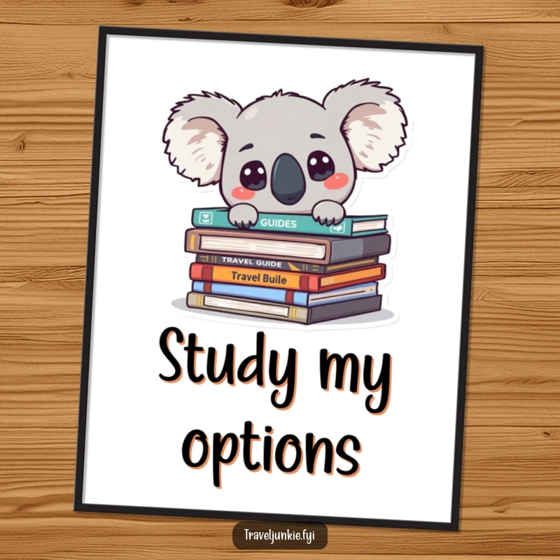 Funny koala character peeking from travel guides with big eyes, presented as a charming travel art poster.