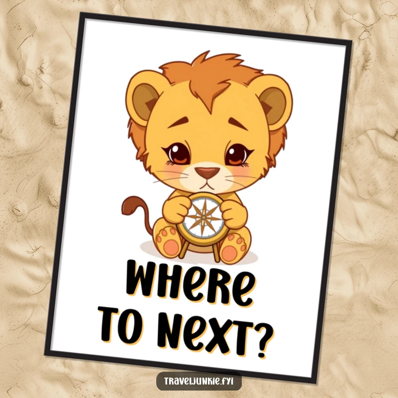 Funny Lion Cub Poster: Amusing cub holding a compass, inspiring wanderlust and laughter, ideal funny gift for wall decor.