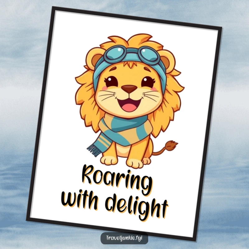 Funny Lion Travel Poster: Regal wall art of a happy, smiling lion wearing a travel scarf, embodying the spirit of adventure.