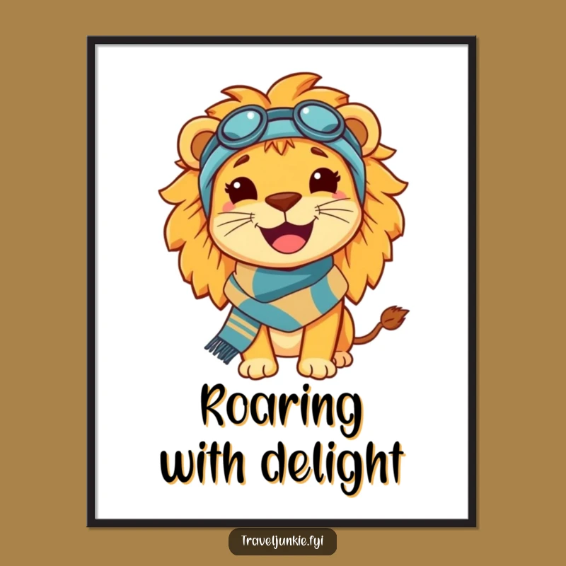 Funny Lion Travel Poster: Happy King Wall Art with Scarf, Perfect Funny Gift