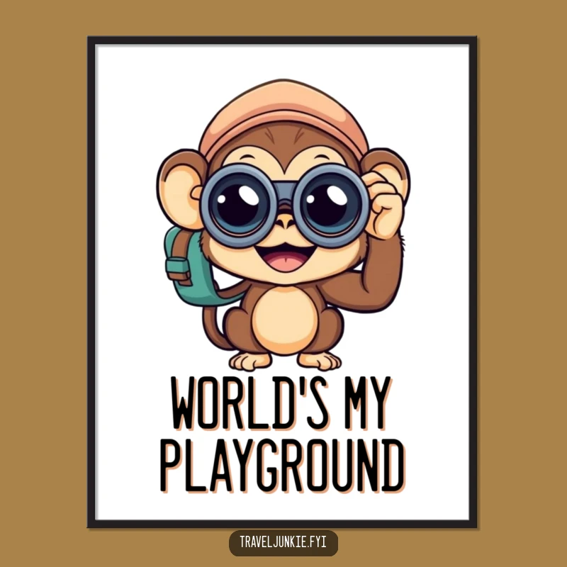 Funny Monkey Traveler Poster: Curious Explorer's Vision, Whimsical Wall Art Gift