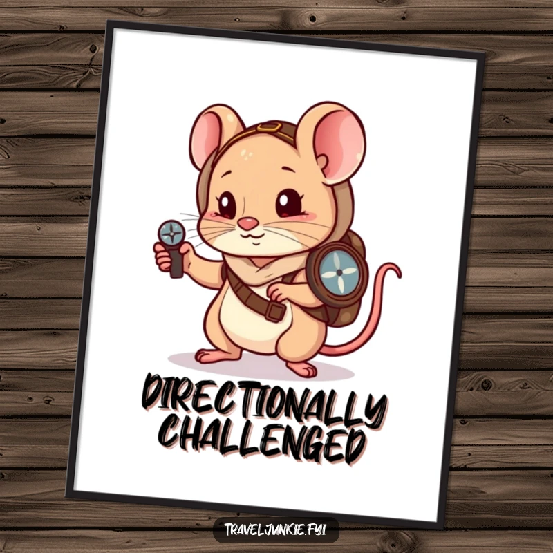 Funny Poster: A little mouse wanderer uses a compass to navigate, showcasing funny determination.