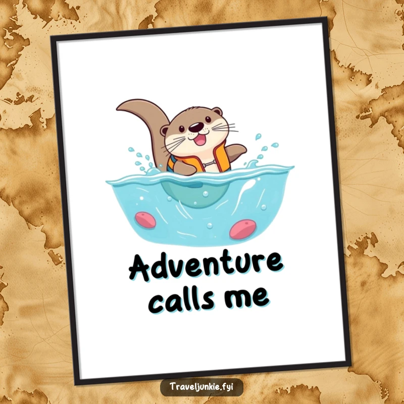 Funny otter wearing a life vest, comically diving into a tiny ocean, vibrant and humorous wall art.