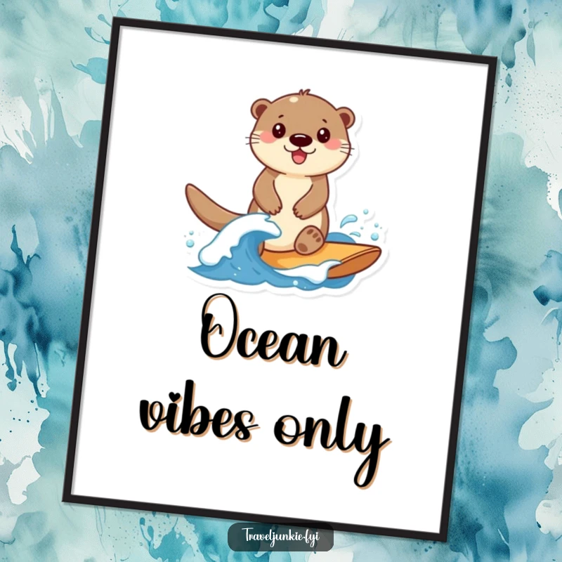 Funny Otter Poster: A smiling otter character playfully rides a small wave, bringing sunny beach vibes.