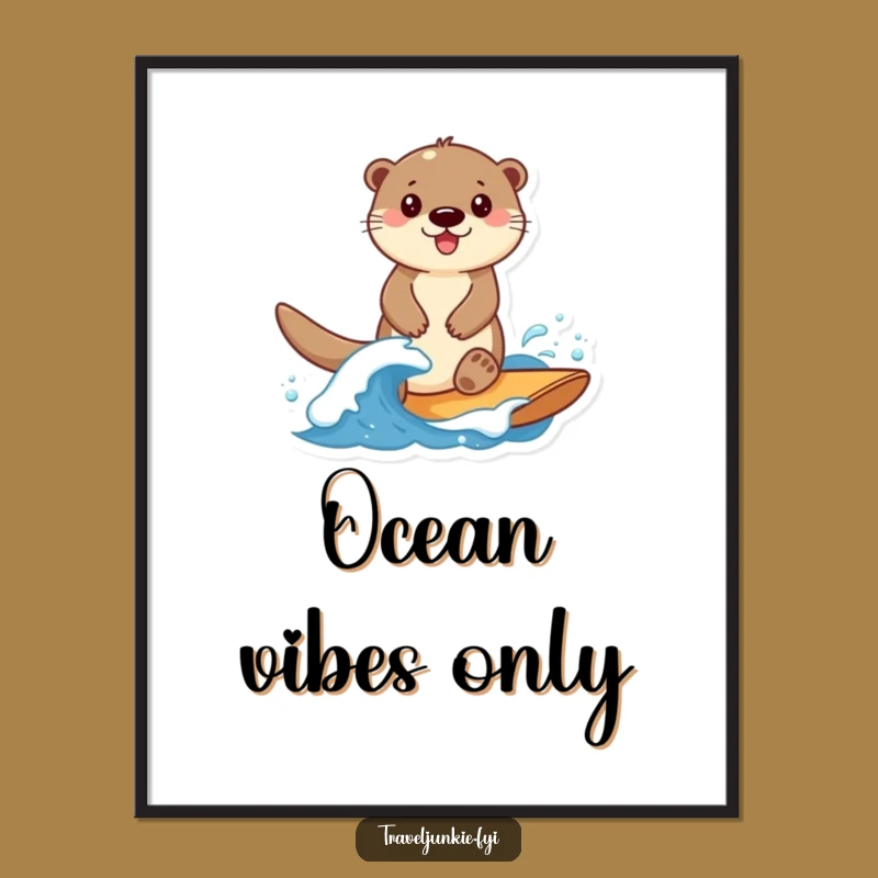 Funny Otter Surfing Poster: Smiling Otter Wave Art, Cheerful Funny Gift Decor