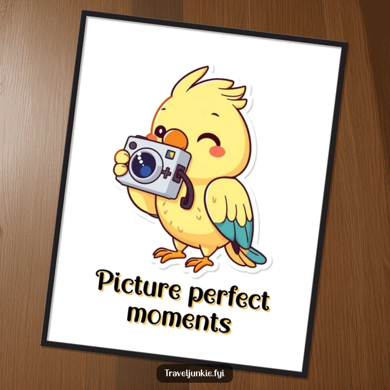Funny poster print of a cheerful parrot character holding a tiny camera and taking a photo, adding artistic flair.