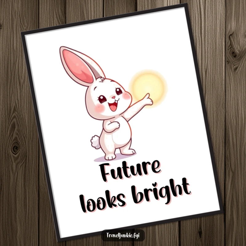 Funny poster featuring a bunny pointing at a distant shimmering horizon, perfect for adding inspirational and humorous decor to any wall.