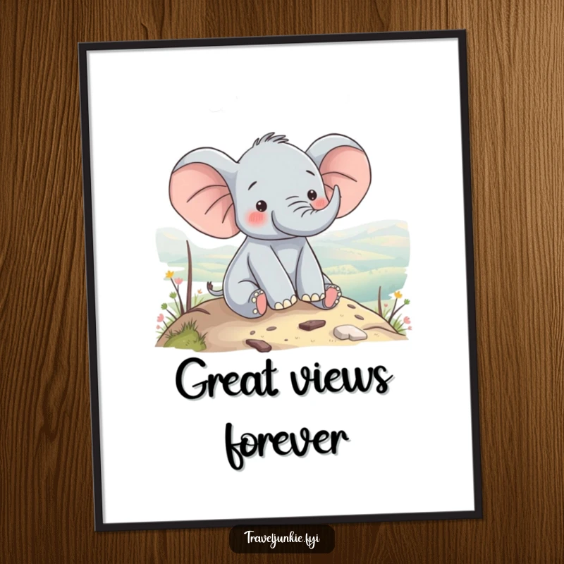Funny elephant character contentedly enjoying a scenic view from a hilltop, creating a humorous and tranquil scene for wall art.