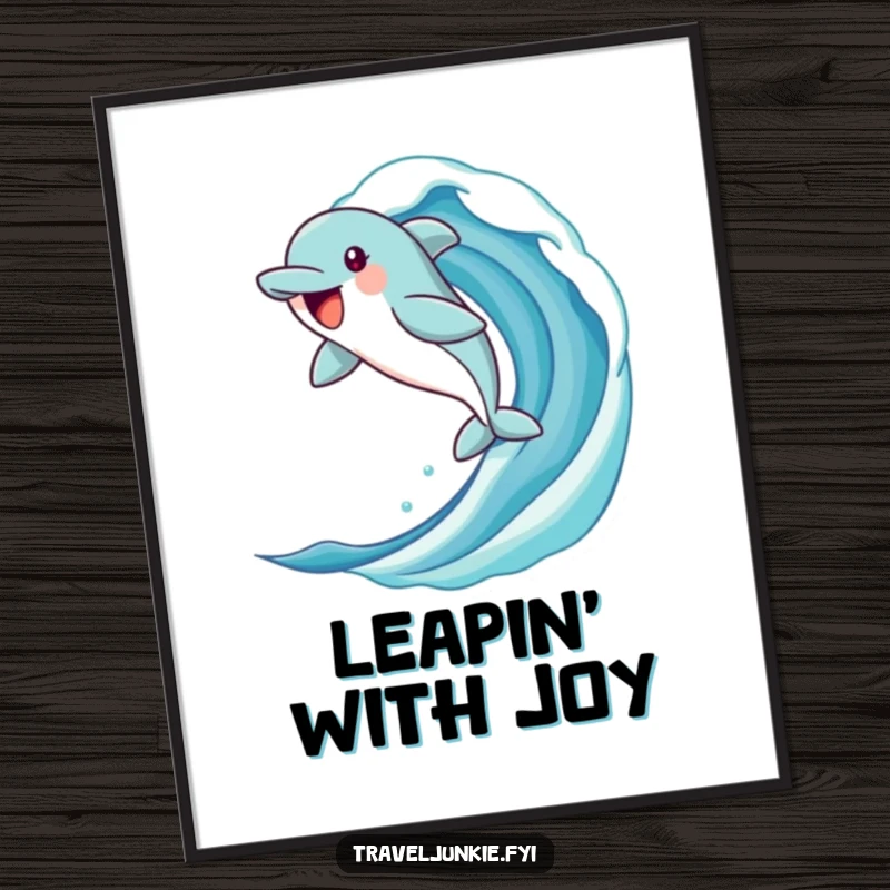 Funny dolphin poster showcasing a jubilant character leaping from a stylized ocean wave, adding humorous ocean vibes to any room.