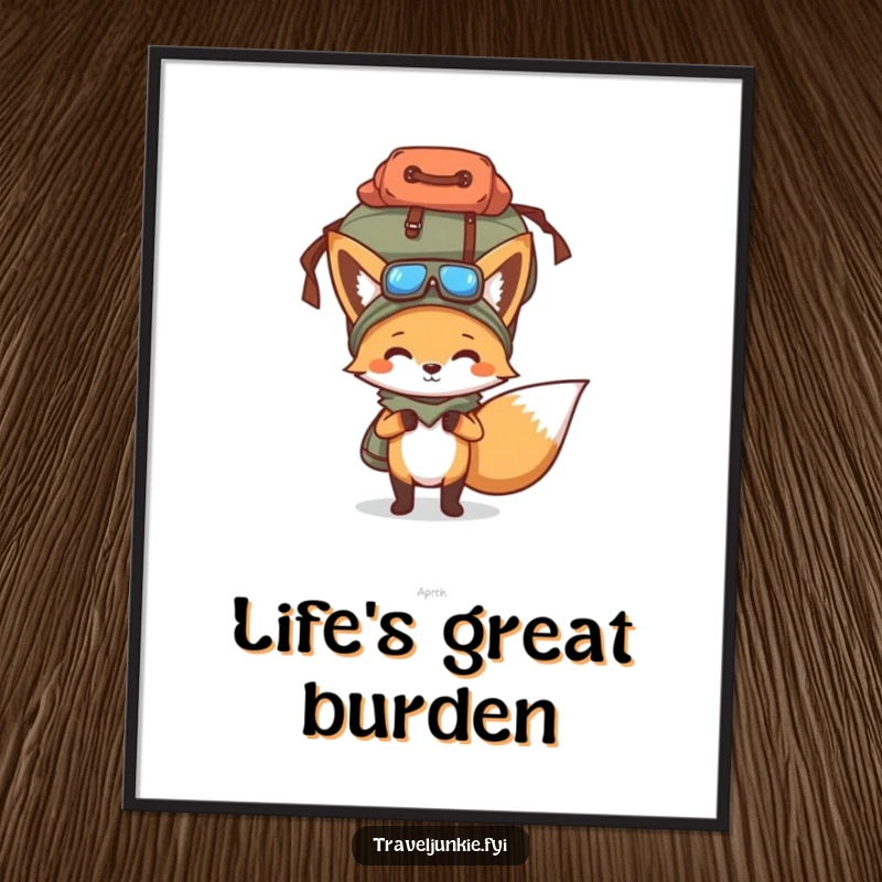 Funny poster art of a determined fox balancing an overflowing travel bag on its head, ideal for humorous wall decor.