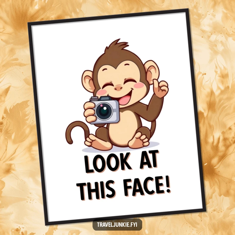 Funny Monkey Selfie Poster: A giggling monkey holding a camera, artfully capturing its own hilarious selfie for wall decor.