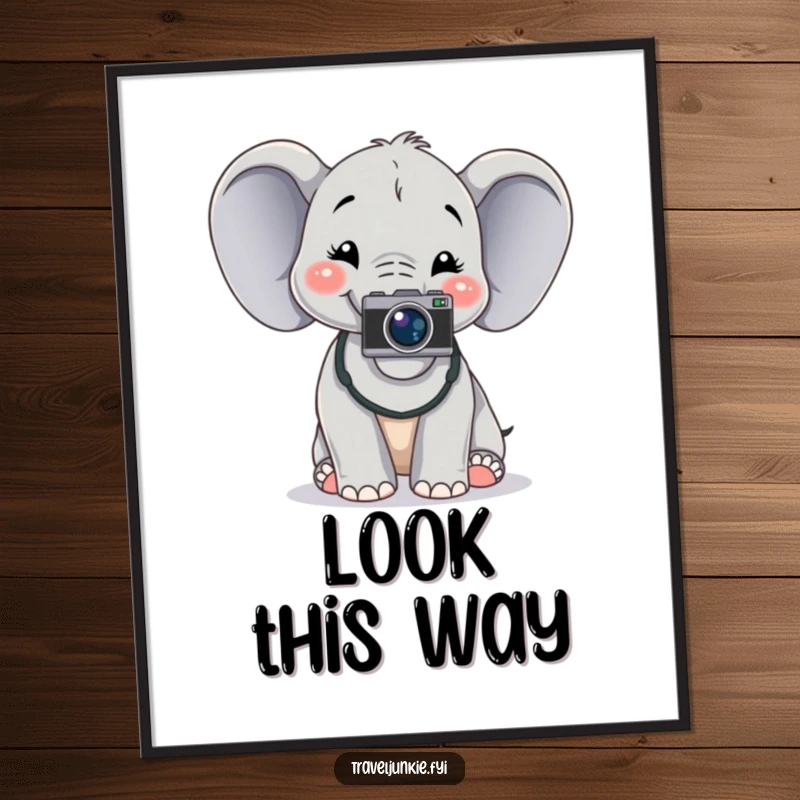 Funny cheerful elephant with a camera, posing for a picture, vibrant wall art, perfect humorous gift.