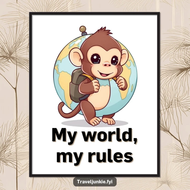 Funny poster: a curious monkey with a backpack peeks from behind a globe, bringing quirky and humorous exploration art.