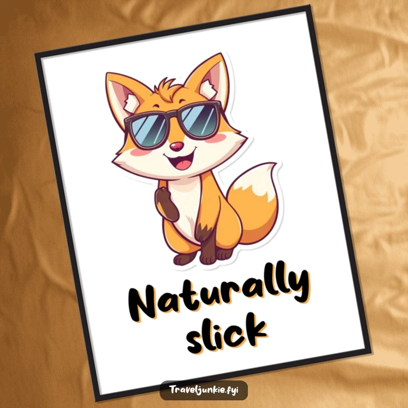 Funny fox poster showcasing a smiling character wearing sunglasses and striking a cool pose, radiating humorous confidence and style.