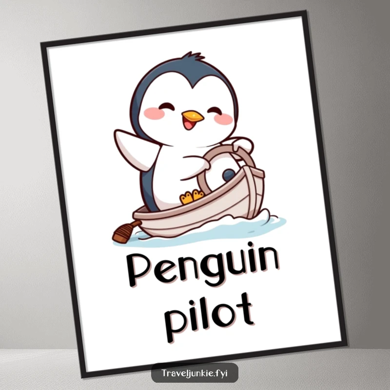 Funny poster featuring a happy penguin character comically attempting to steer a tiny boat, full of sea spirit.