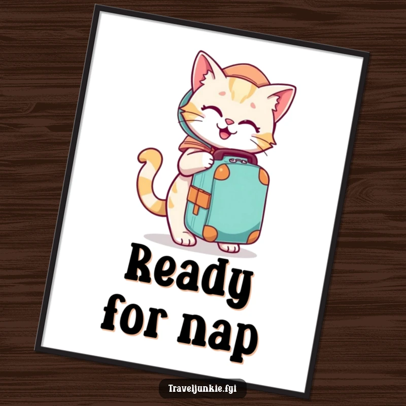 Funny poster featuring a playful cat character eagerly packing a travel bag with anticipation.