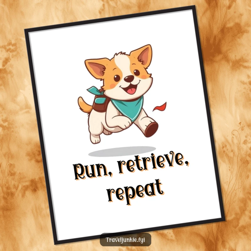 Funny energetic dog running with a bandana and backpack, vibrant wall art, perfect humorous gift.