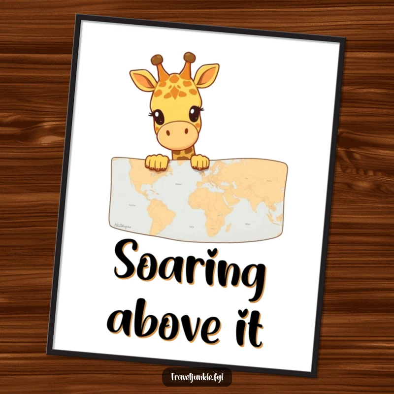 Funny Giraffe Map Explorer Poster: Art of a happy giraffe peering over a map, evoking curiosity and a love for discovery.