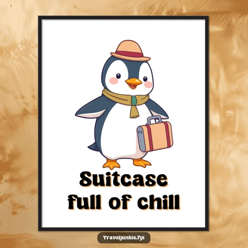 Funny penguin tourist poster, happily holding a suitcase, cheerful travel theme, high-quality art print.