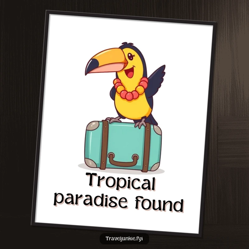 Funny toucan with a lei playfully balancing on a suitcase, vibrant tropical wall art, conveying a sense of joy and travel.