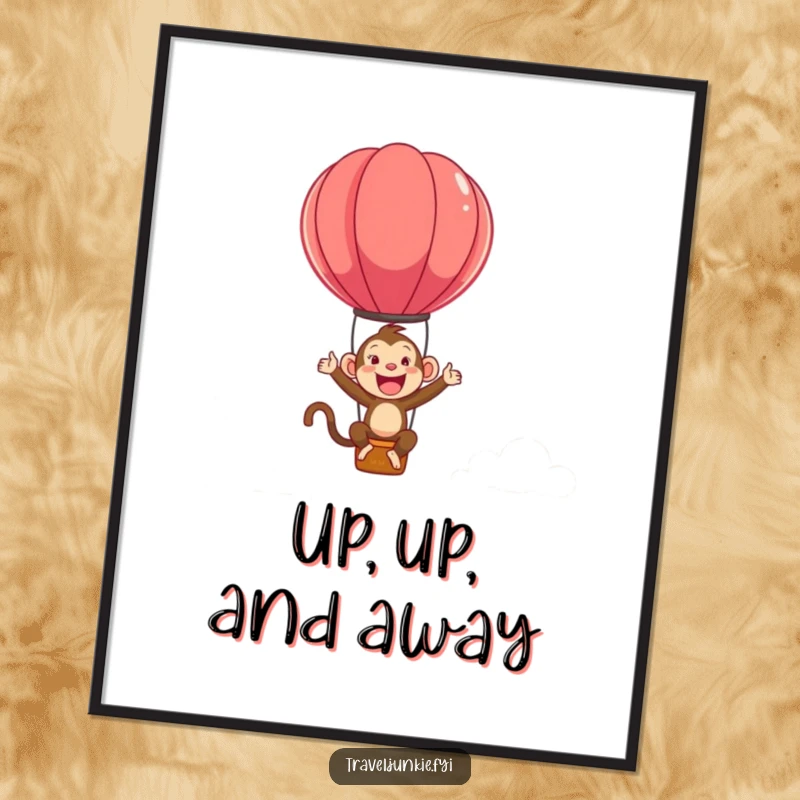 Funny poster displaying an ecstatic monkey character bouncing wildly on a hot air balloon against a bright sky.