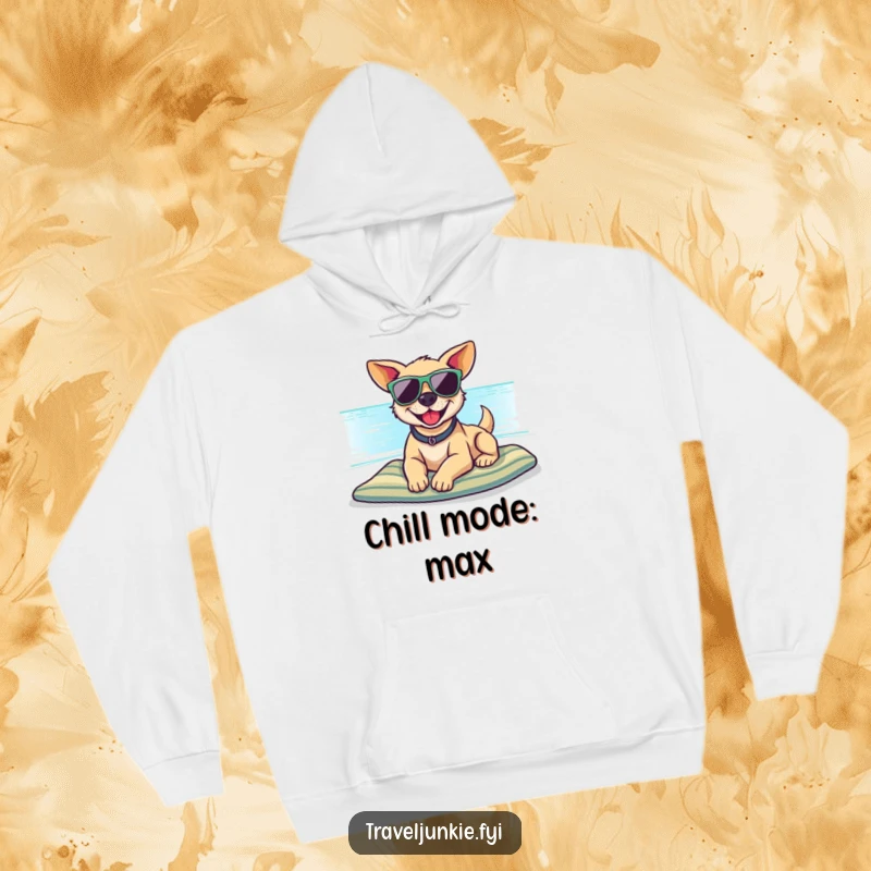 Funny hoodie featuring a relaxed dog in sunglasses on a beach, offering warmth and a dose of funny vacation vibes.