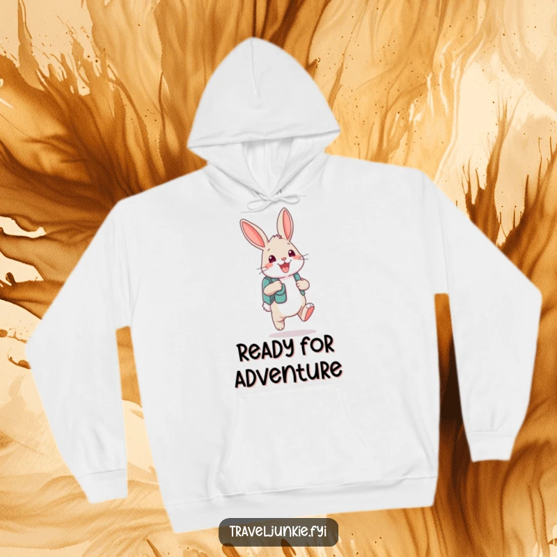 Funny bunny character ready for adventure with a backpack and grin on a cozy and humorous hoodie.
