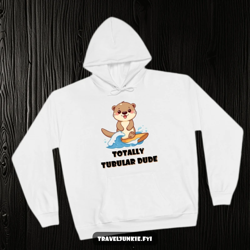 Funny Otter Hoodie: A smiling otter surfs a small wave, radiating happiness and a love for the water.