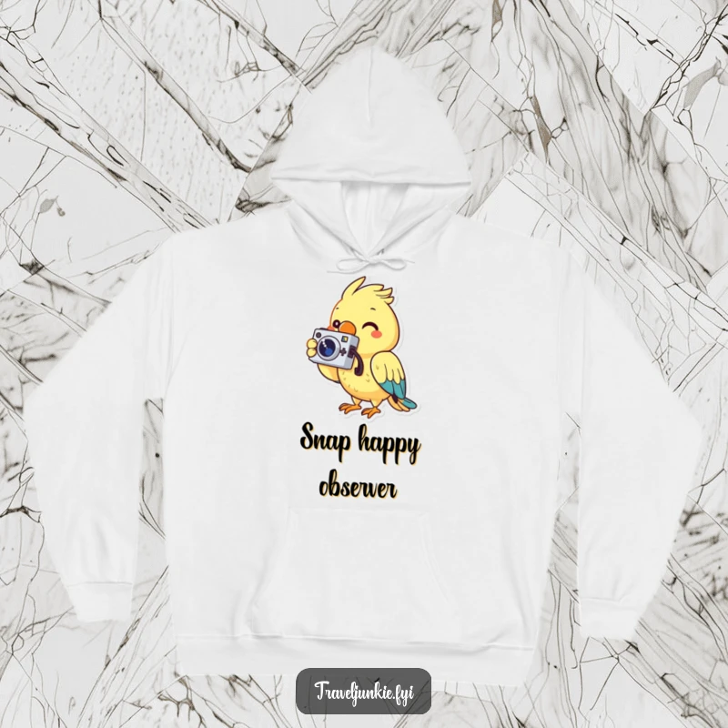Funny hoodie displaying a cheerful parrot character with a tiny camera, ready to capture memories with a smile.