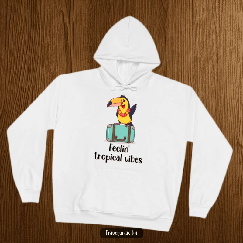Funny toucan with a lei, playfully balancing on a suitcase, ready for a trip, printed on a cozy hoodie.