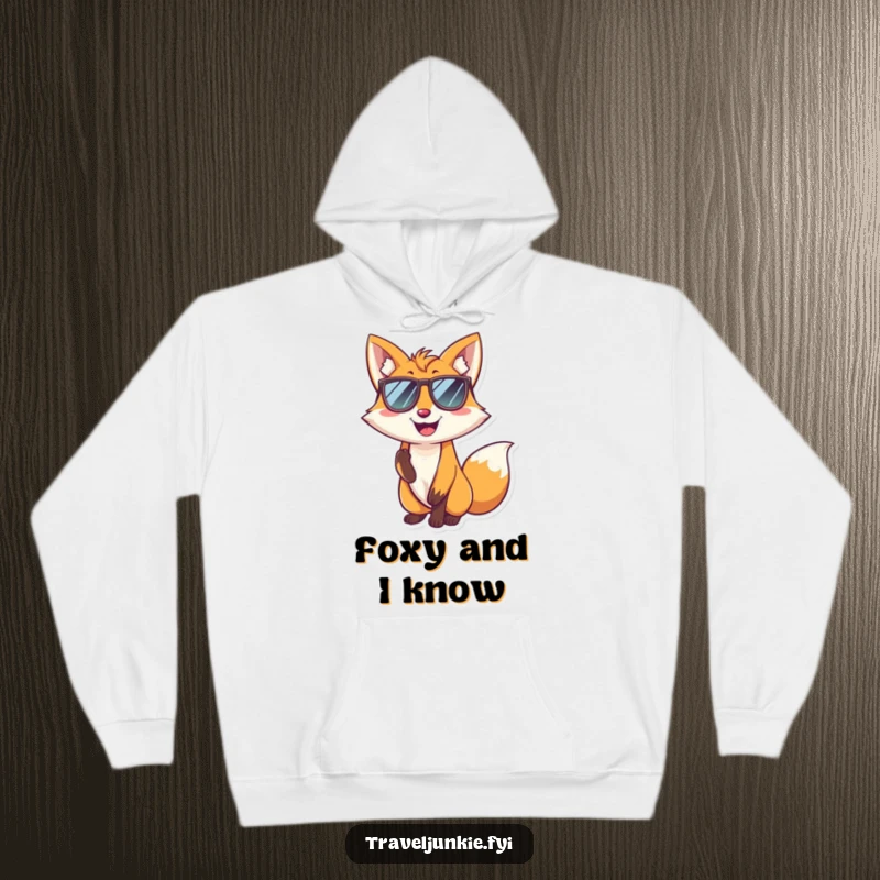 Funny fox hoodie featuring a smiling character wearing sunglasses and posing coolly, perfect for humorous relaxation and stylish vibes.