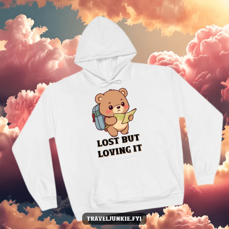 Funny bear hoodie showing a determined explorer with a backpack and map, ready for humorous adventures and cozy comfort.