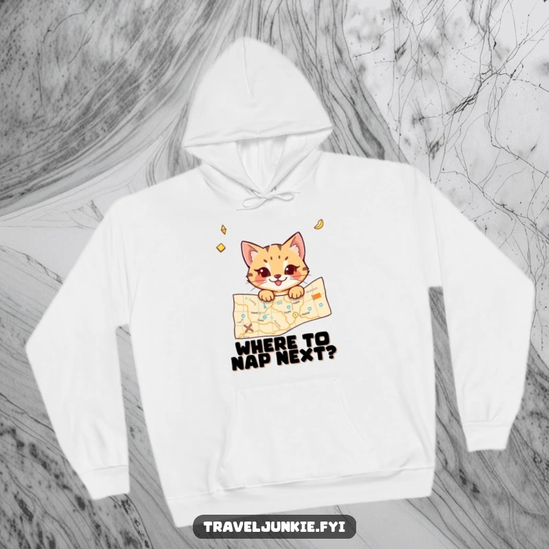 Funny cat hoodie featuring a mischievous character peeking from a travel map, designed for comfort and humorous travel vibes.