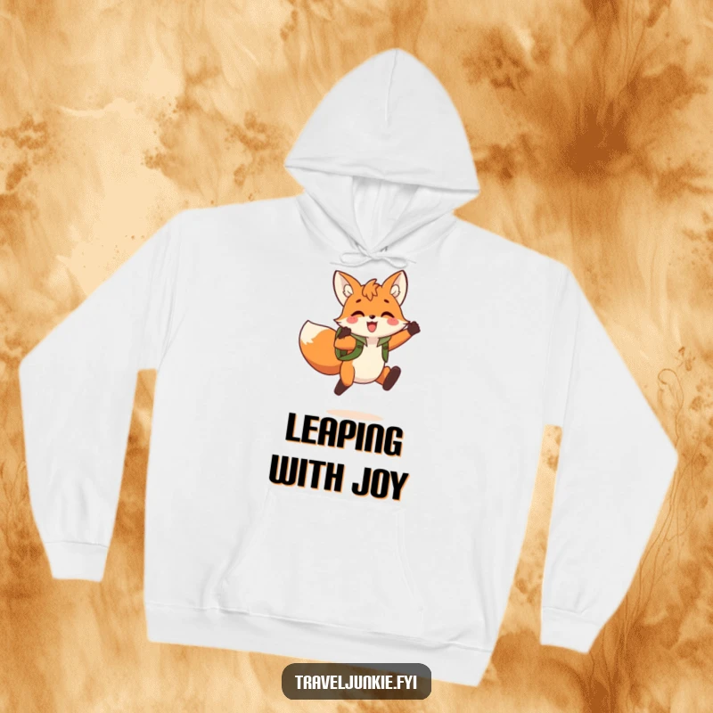 Funny Fox Jump Hoodie: A comfortable hoodie featuring a playful fox character with a backpack, caught in a triumphant jump.