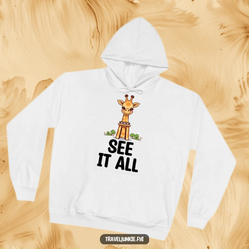Funny, curious giraffe character peeking over a tall landmark, depicted on a warm hoodie, inspiring awe.