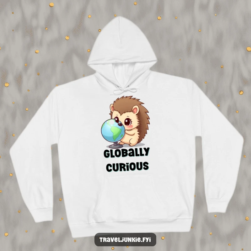 Funny hedgehog hoodie showing a curious character with wide eyes, examining a globe, offering humorous comfort and intellectual exploration.