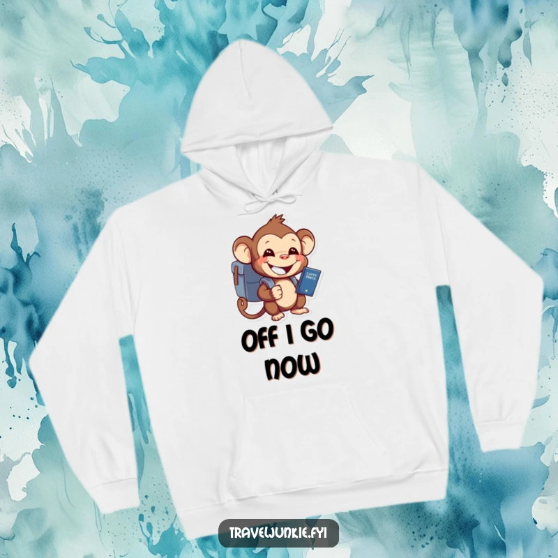 Funny monkey character with a backpack and passport, feeling cheerful, featured on a cozy hoodie.