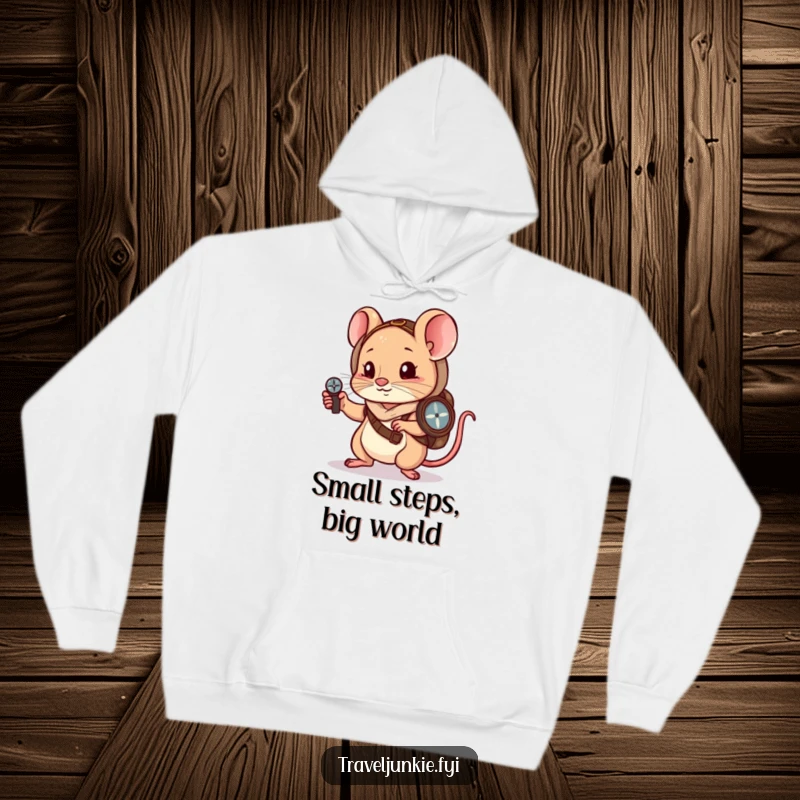 Funny Hoodie: A little mouse wanderer navigates with a compass, ready for a cozy and funny journey.