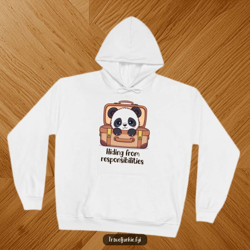 Funny panda hoodie, cozy apparel with a curious character peeking from a suitcase, a great funny gift idea.